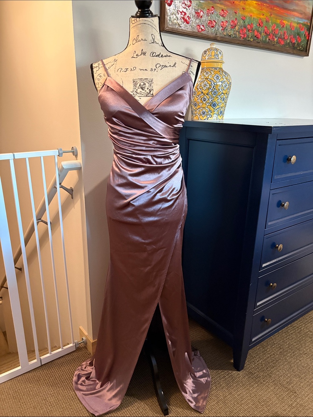 Satin Ruched V-Neck Evening Gown in Mauve